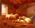 Moutons avec des poulets et une chèvre dans une grange Eugene Verboeckhoven animal